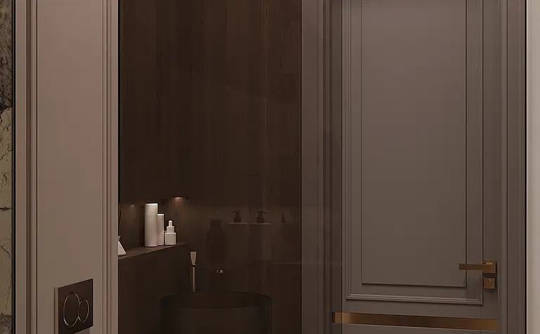 Elegancka łazienka w stylu art deco i minimalistycznym z brązowymi akcentami.