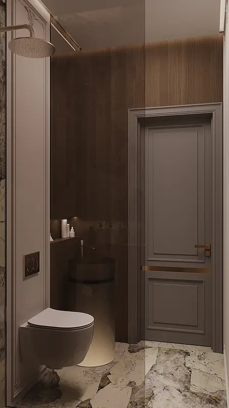 Elegancka łazienka w stylu art deco i minimalistycznym z brązowymi akcentami.