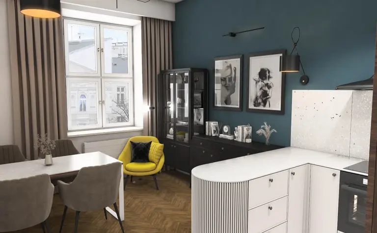 Wnętrze jadalni z elementami glamour, industrialnymi i vintage, żółty fotel.