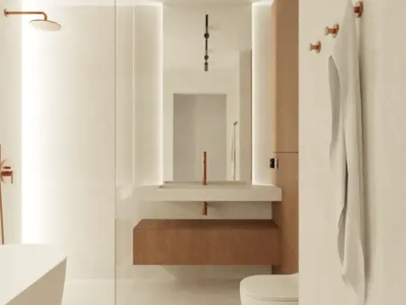 Nowoczesna łazienka w stylu soft minimalizm z drewnianymi akcentami