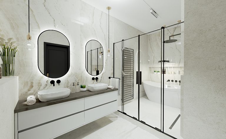 Wnętrze łazienki z nowoczesną kabiną prysznicową i wanną