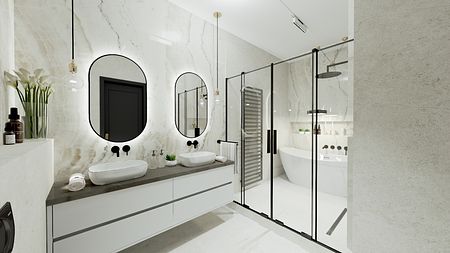 Wnętrze łazienki z nowoczesną kabiną prysznicową i wanną