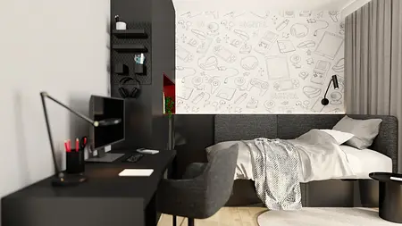 Wnętrze pokoju z biurkiem, szarym łóżkiem i nowoczesnymi akcentami.