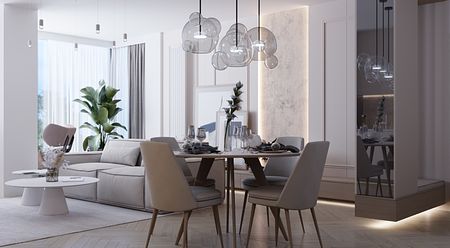 Wnętrze jadalni w stylu art deco i minimalistycznym z beżowym stołem