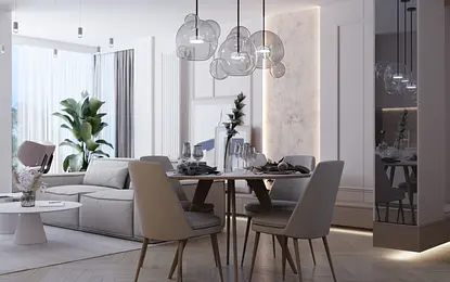Wnętrze jadalni w stylu art deco i minimalistycznym z beżowym stołem