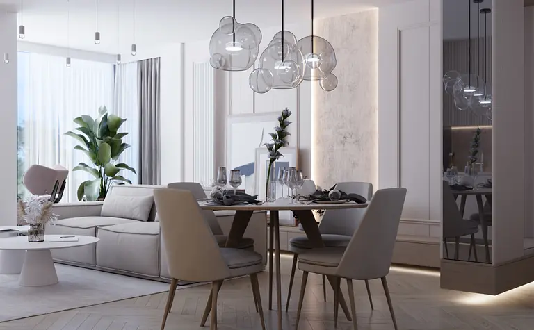 Wnętrze jadalni w stylu art deco i minimalistycznym z beżowym stołem