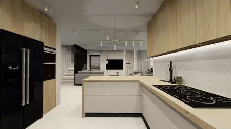 Nowoczesna kuchnia w stylu art deco i minimalistycznym z drewnem i białymi akcentami
