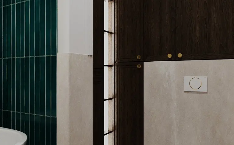 Wnętrze łazienki z zielonymi płytkami i drewnianymi meblami, styl art deco, eklektyczny, minimalistyczny, tradycyjny.