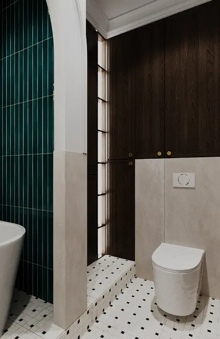 Wnętrze łazienki z zielonymi płytkami i drewnianymi meblami, styl art deco, eklektyczny, minimalistyczny, tradycyjny.