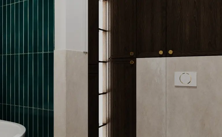 Wnętrze łazienki z zielonymi płytkami i drewnianymi meblami, styl art deco, eklektyczny, minimalistyczny, tradycyjny.