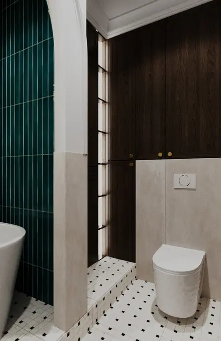 Wnętrze łazienki z zielonymi płytkami i drewnianymi meblami, styl art deco, eklektyczny, minimalistyczny, tradycyjny.