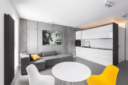 Wnętrze w stylu industrialnym i minimalistycznym z szarym salonem i białą kuchnią