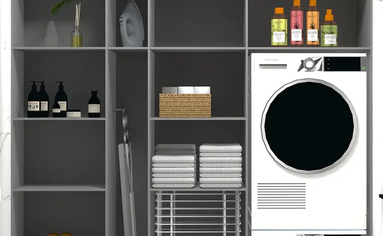 Garderoba z pralką, półkami i akcesoriami w stylu minimalistycznym.