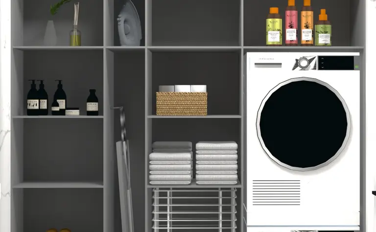 Garderoba z pralką, półkami i akcesoriami w stylu minimalistycznym.