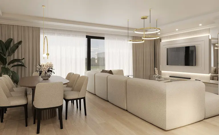 Wnętrze salonu w stylu art deco, glamour i nowoczesnym z jasnymi meblami.