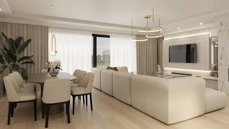 Wnętrze salonu w stylu art deco, glamour i nowoczesnym z jasnymi meblami.