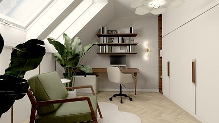 Wnętrze poddasza z biurkiem, roślinami i eklektycznymi akcentami.