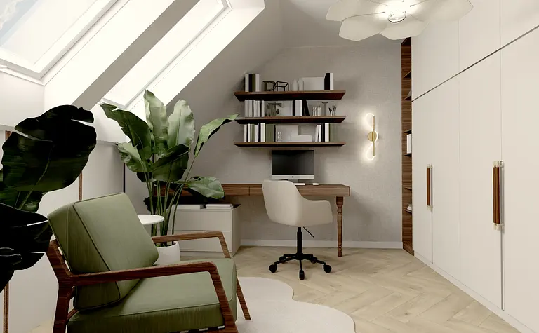 Wnętrze poddasza z biurkiem, roślinami i eklektycznymi akcentami.
