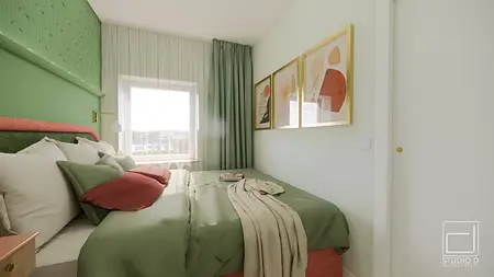 Sypialnia w stylu boho, eklektycznym i japandi z zielonymi ścianami i dekoracjami.