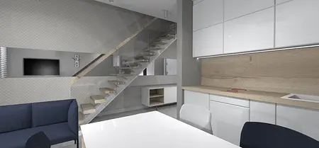 Nowoczesne wnętrze z białą kuchnią i schodami w stylu industrialnym, japandi i minimalistycznym.