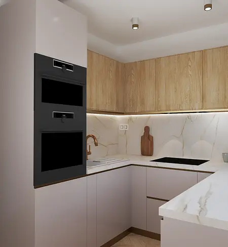 Kuchnia w stylu art deco, glamour i minimalistycznym z drewnianymi meblami.