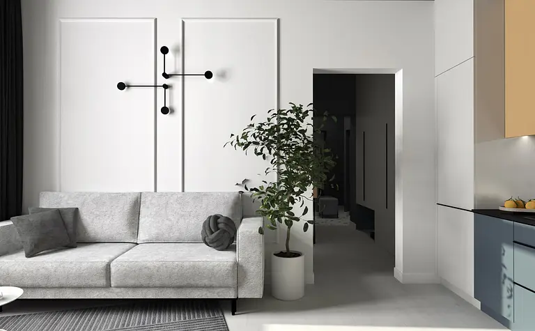 Wnętrze salonu z szarym narożnikiem, rośliną i nowoczesnym oświetleniem, dopamina decor.