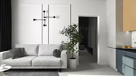Wnętrze salonu z szarym narożnikiem, rośliną i nowoczesnym oświetleniem, dopamina decor.