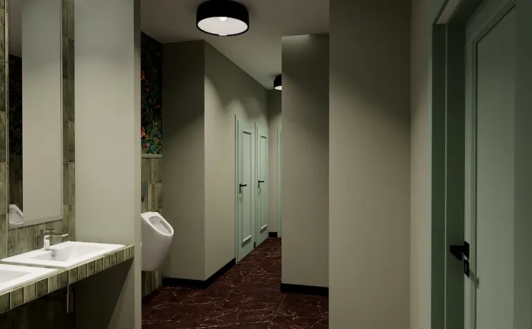 Wnętrze łazienki z dwiema umywalkami, zielonymi płytkami i eklektycznym stylem.