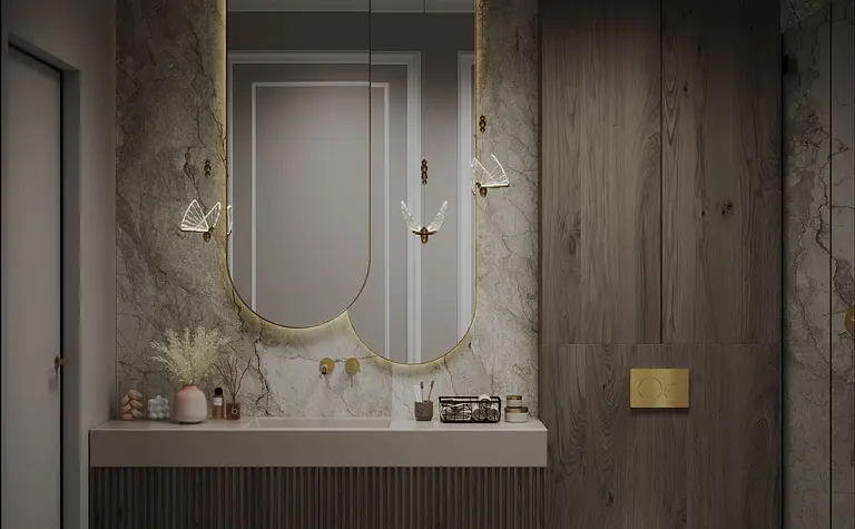 Elegancka łazienka z drewnianymi akcentami i marmurową ścianą w stylu quiet luxury.