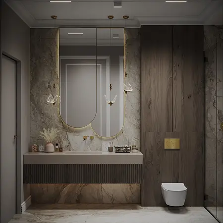 Elegancka łazienka z drewnianymi akcentami i marmurową ścianą w stylu quiet luxury.