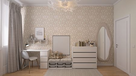 Pokój dziecięcy z białymi meblami, dekoracjami w stylu skandynawskim.
