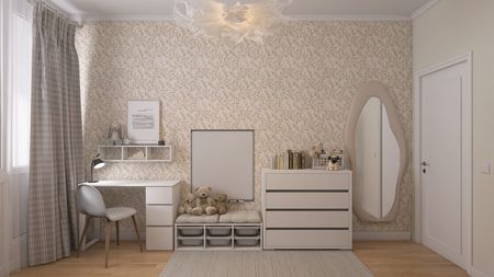 Pokój dziecięcy z białymi meblami, dekoracjami w stylu skandynawskim.