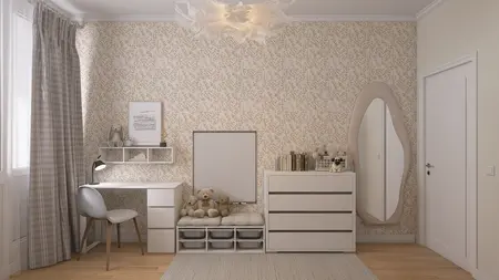 Pokój dziecięcy z białymi meblami, dekoracjami w stylu skandynawskim.