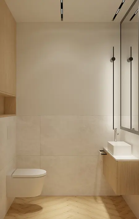 Nowoczesna łazienka w stylu japandi z drewnem i minimalistycznym wykończeniem.
