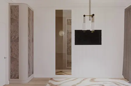 Wnętrze z elementami art deco i minimalizmu, jasne ściany, drewniana podłoga