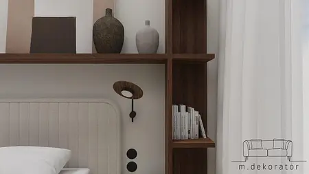 Wnętrze sypialni z minimalistycznym designem, beżowym łóżkiem i nowoczesnymi detalami.