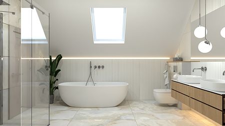 Wnętrze nowoczesnej łazienki z białą wanną i szarym wykończeniem.