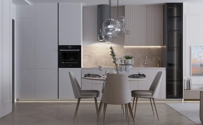 Nowoczesna kuchnia z szarymi meblami, minimalistyczne akcenty i eklektyczne detale.