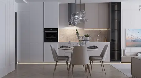 Nowoczesna kuchnia z szarymi meblami, minimalistyczne akcenty i eklektyczne detale.