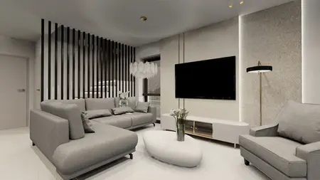 Wnętrze salonu w stylu art deco, minimalistycznym i nowoczesnym z szarymi meblami.