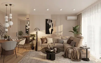 Nowoczesne wnętrze salonu z beżową sofą, czarnym stolikiem i roślinami, styl minimaluxe.