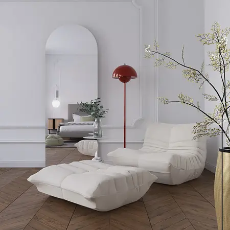 Wnętrze salonu w stylu minimalistycznym z białymi meblami i czerwonym lampą.