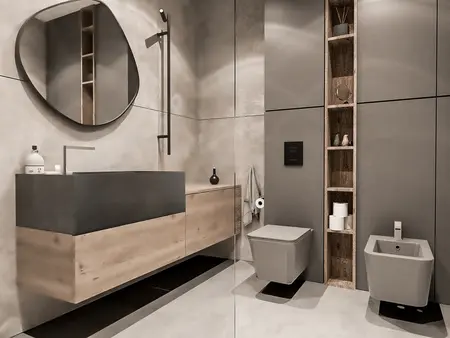 Nowoczesna łazienka w stylu industrialnym z drewnianymi detalami.