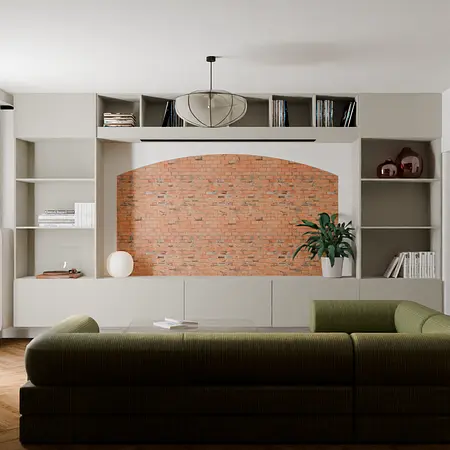 Wnętrze salonu z zieloną sofą, ceglaną ścianą i rośliną, styl vintage.