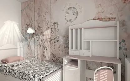 Pokój dziecięcy z eklektycznym wystrojem, różowymi detalami i tapetą z motywem zwierząt.