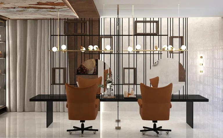 Wnętrze biura w stylu art deco z brązowymi krzesłami, czarnym biurkiem i dekoracyjnymi elementami.
