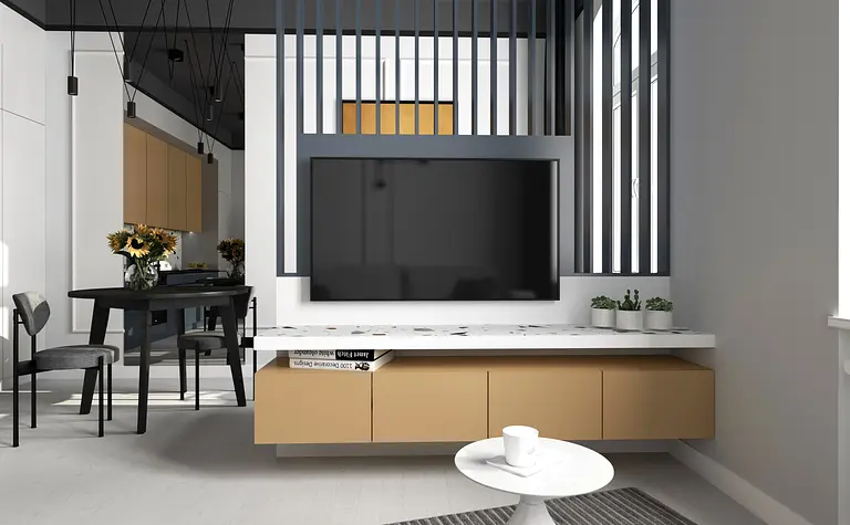 Wnętrze z telewizorem, drewnianym stołem i kwiatami, styl dopamine decor.