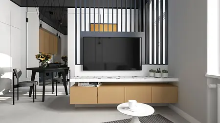 Wnętrze z telewizorem, drewnianym stołem i kwiatami, styl dopamine decor.