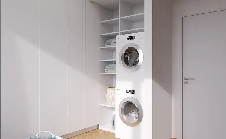 Pralnia w stylu japandi, minimalistycznym i nowoczesnym z białymi meblami.