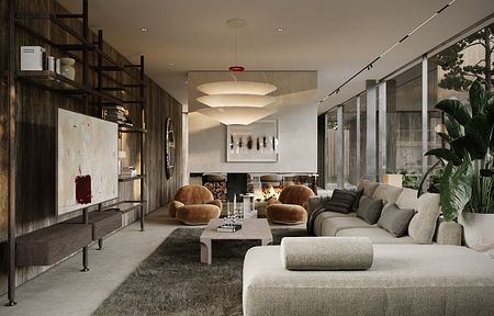 Wnętrze salonu w stylu eklektycznym, minimaluxe i nowoczesnym z brązowymi akcentami.